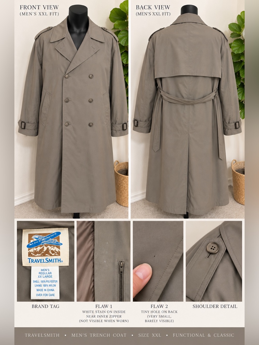 TravelSmith Men's Double-Breasted Trench Coat - Taupe Gray